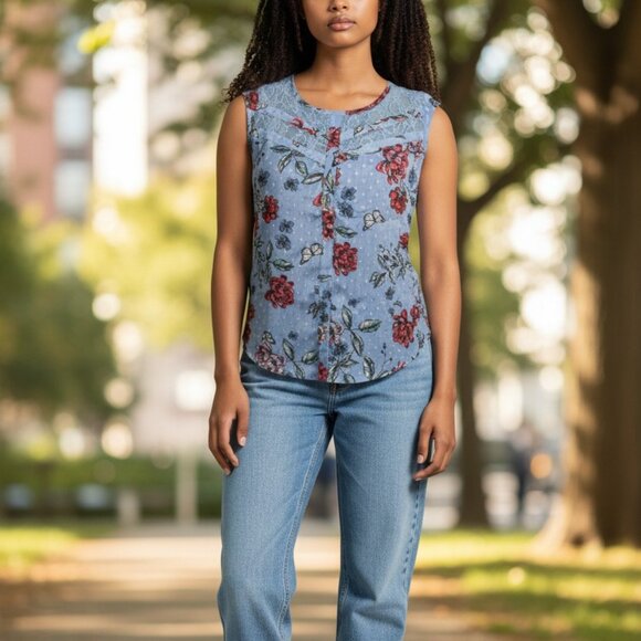 Candies Tops - (C-87)Candie’s Women Floral Sleeveless Blouse Blue Lace Yoke Size S Casual Top